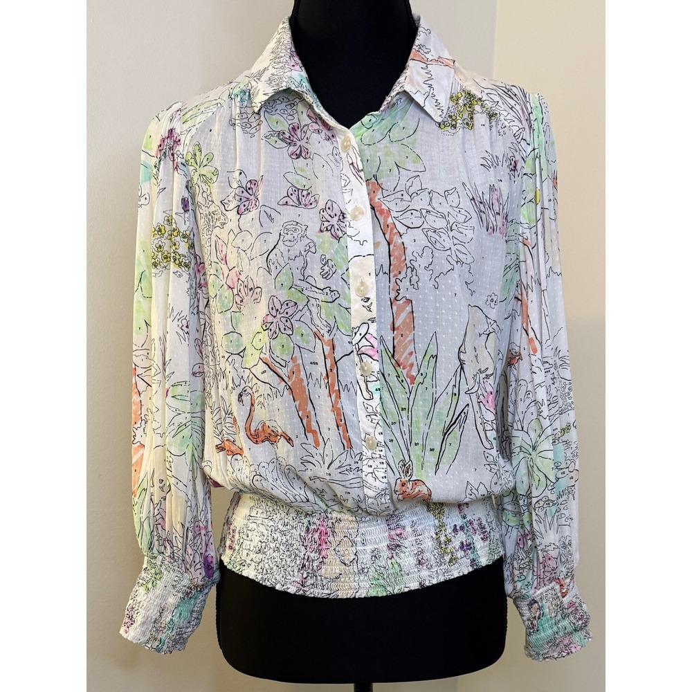 Maeve Anthropologie Paint by Number Tropical Flamingo Smocked Blouse Small